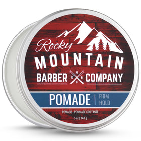 Rocky Mountain Barber Company front tin showing label and polished packaging benefit