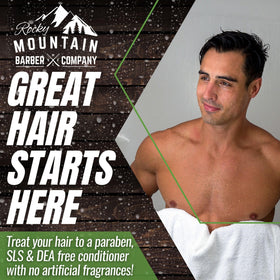 Rocky Mountain Barber Company label closeup highlights essential-oil ingredients and authenticity