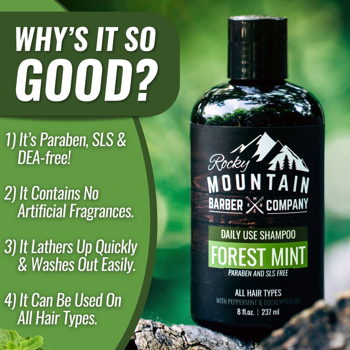 Rocky Mountain Barber Company pump dispensing shampoo for quick daily lathering