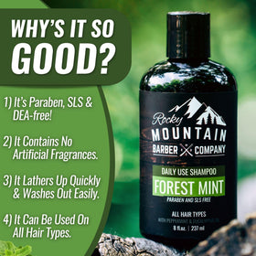 Rocky Mountain Barber Company pump dispensing shampoo for quick daily lathering