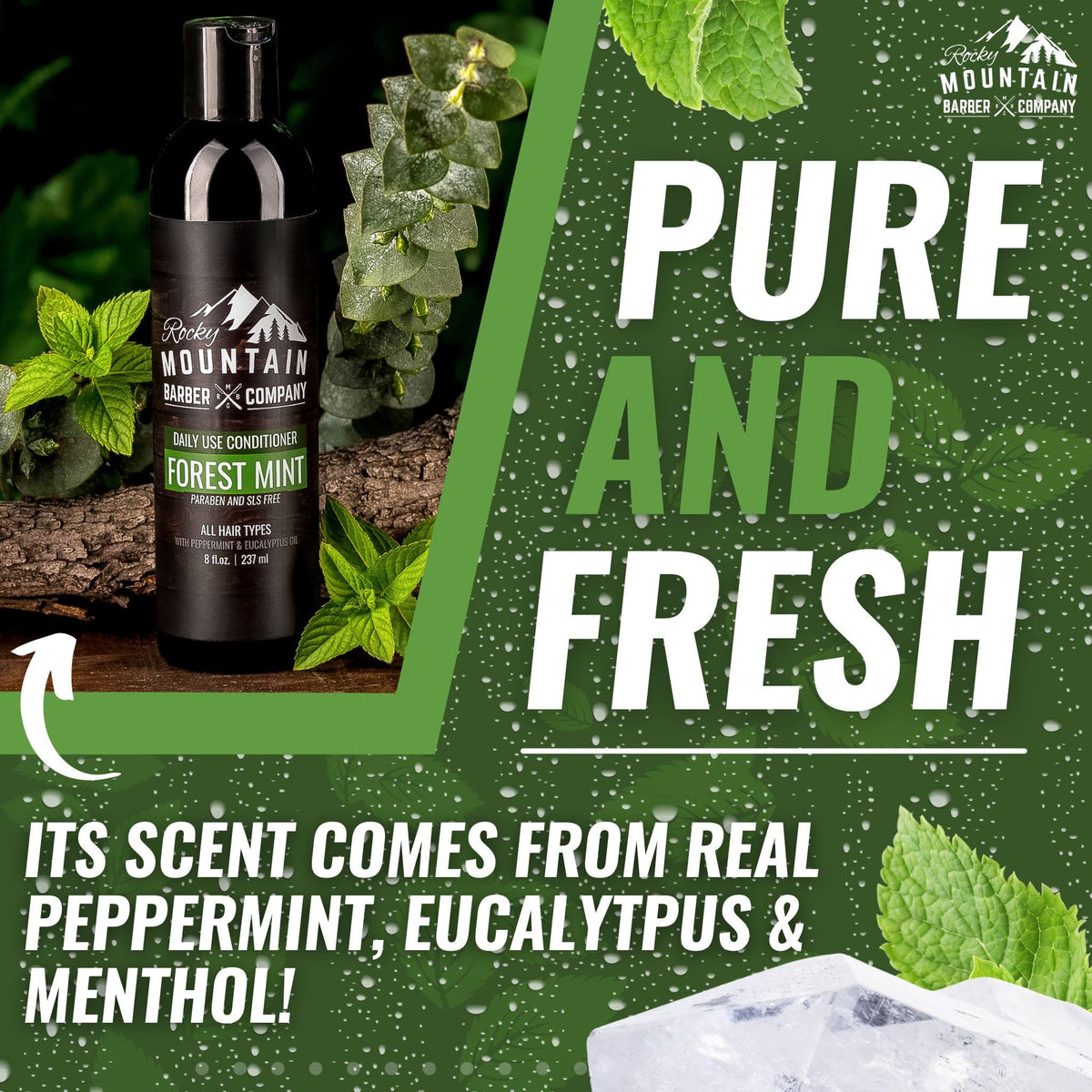 Rocky Mountain Barber Company flatlay with peppermint tea tree eucalyptus shows natural formulation