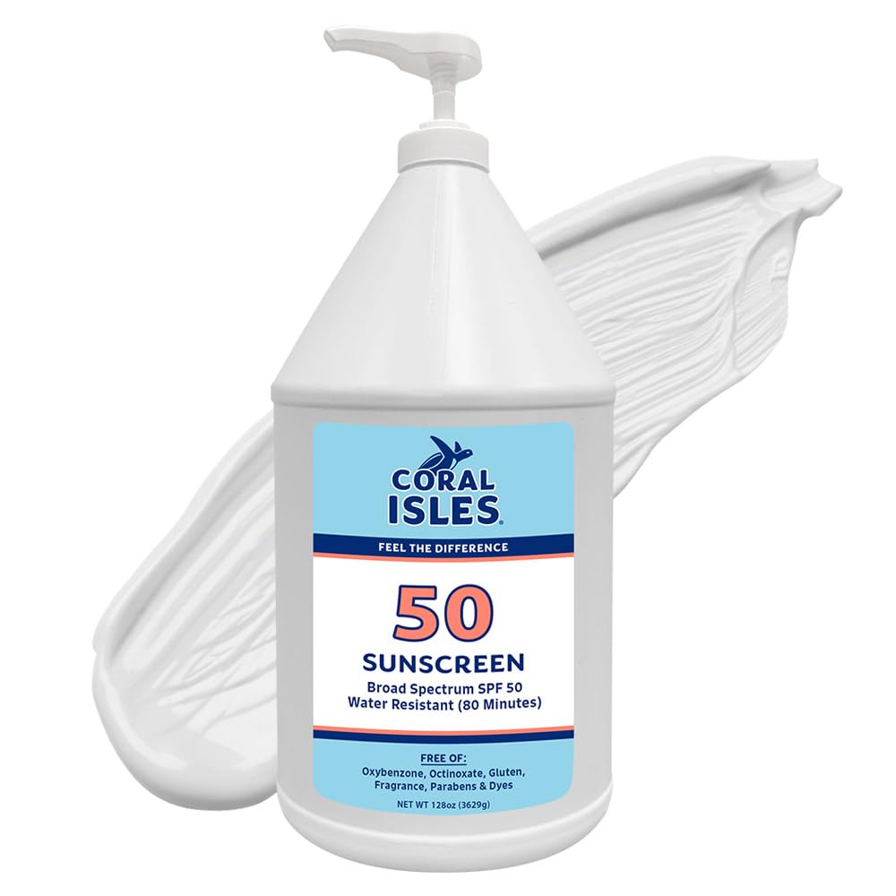 Rocky Mountain Sunscreen Coral Isles pump bottle front view with clear label and capacity benefit