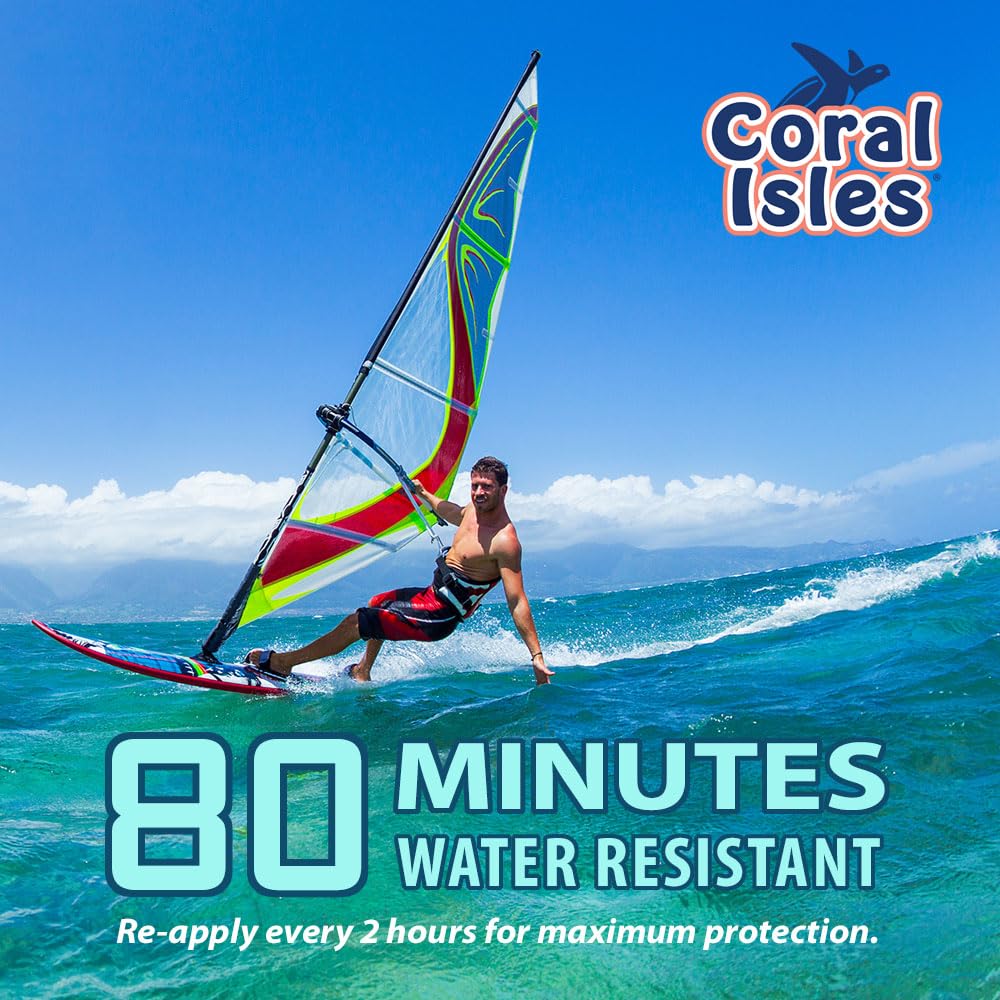 Rocky Mountain Sunscreen Coral Isles label detail highlighting reef-safe and SPF 50 benefits