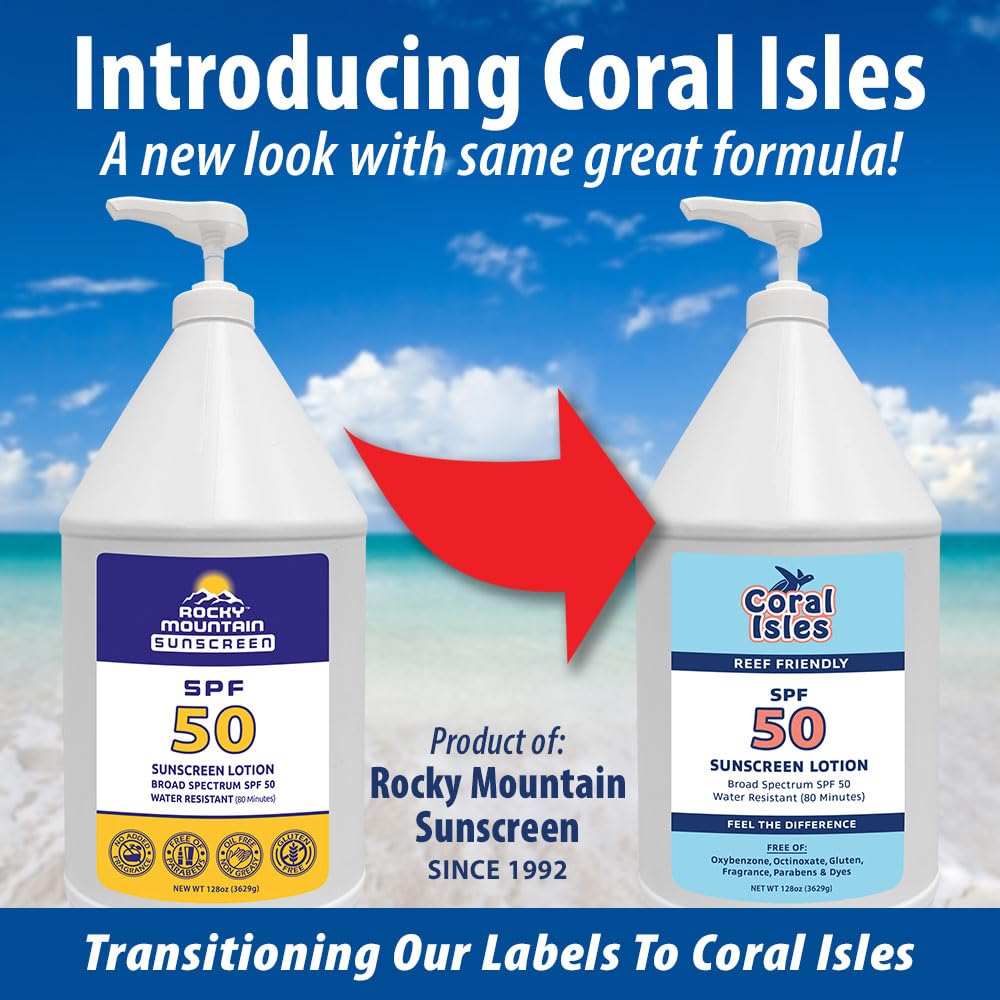 Rocky Mountain Sunscreen Coral Isles pump dispensing lotion showing easy, mess-free application benefit