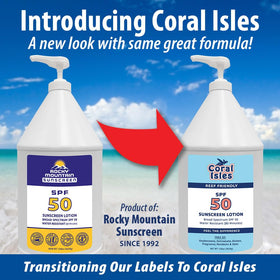 Rocky Mountain Sunscreen Coral Isles pump dispensing lotion showing easy, mess-free application benefit
