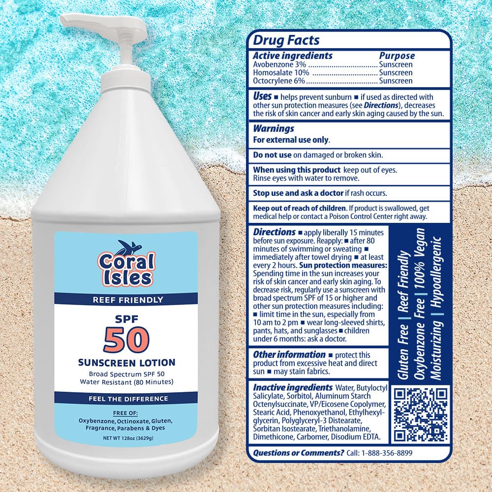 Rocky Mountain Sunscreen Coral Isles beside a water bottle showing one-gallon scale and value benefit