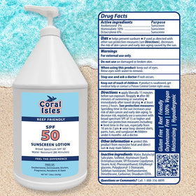 Rocky Mountain Sunscreen Coral Isles beside a water bottle showing one-gallon scale and value benefit