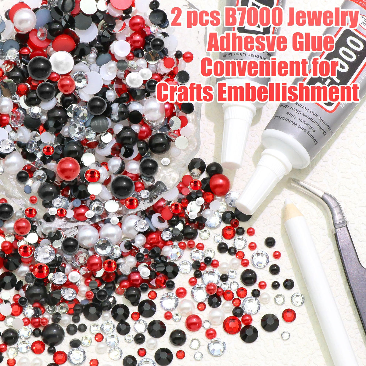 RODAKY close-up of red black white flatback gems emphasizing bright sparkle
