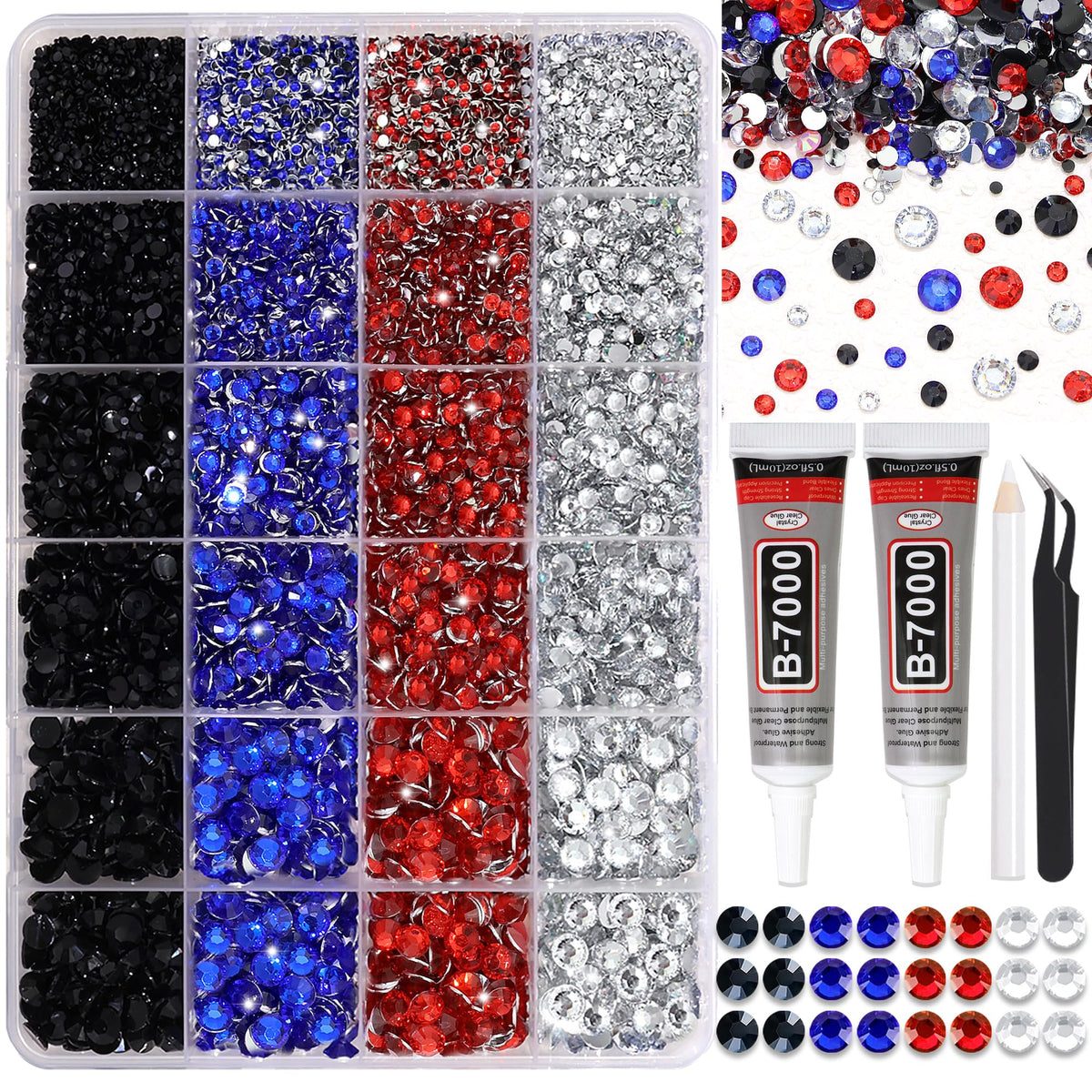RODAKY front packaging showing mixed-size rhinestones and tools for easy use