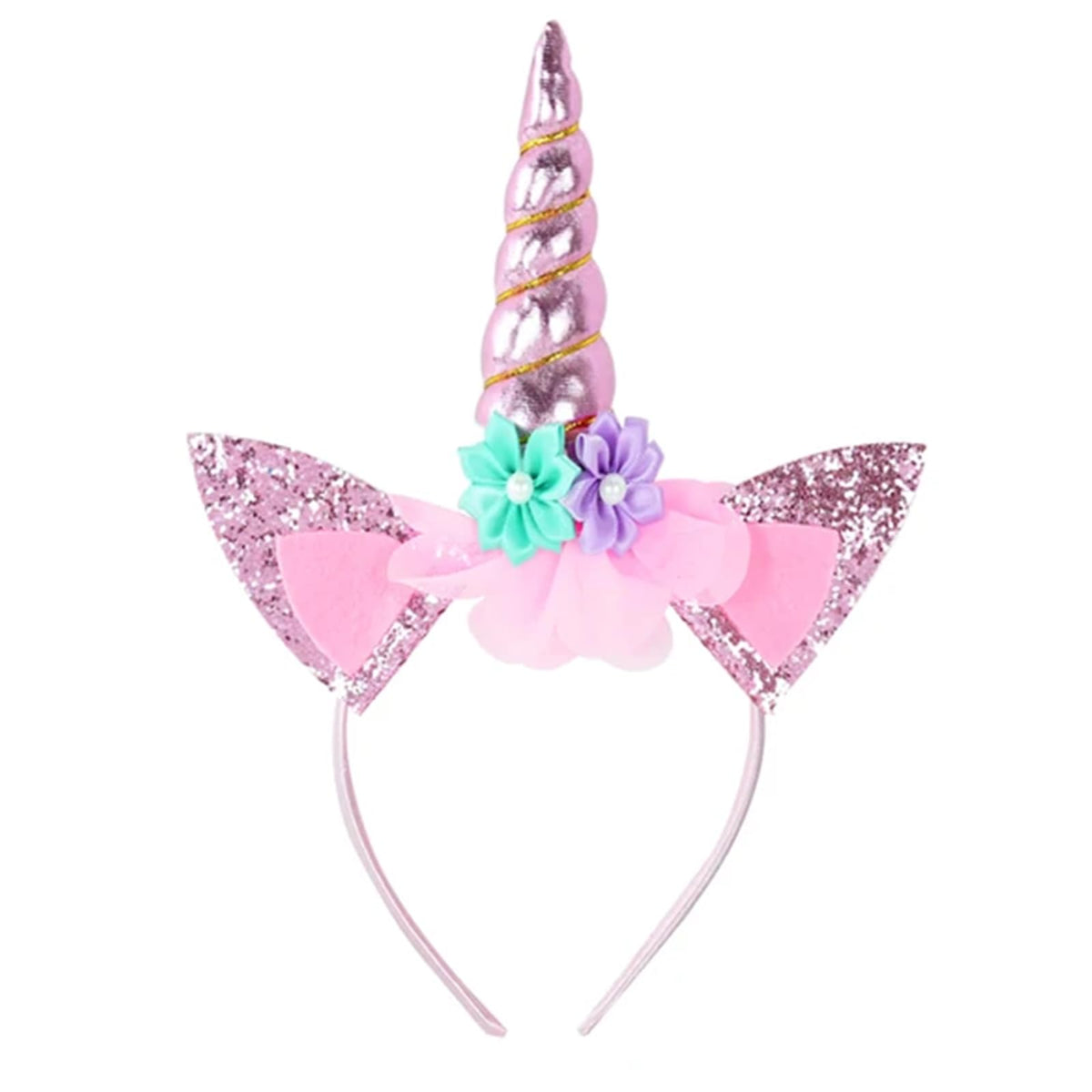 Roffiy front view pink unicorn headband showing horn and flowers, ideal for parties