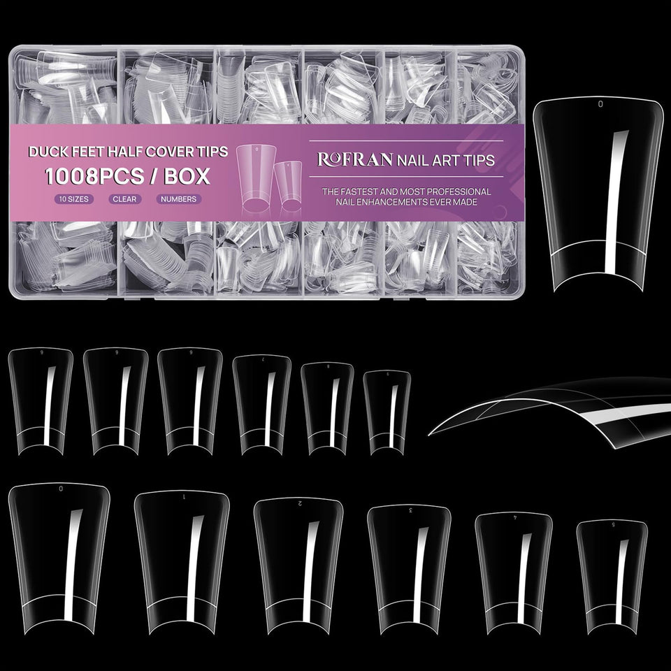 Rofran front-of-box showing full duck nail tips set and organized storage benefit