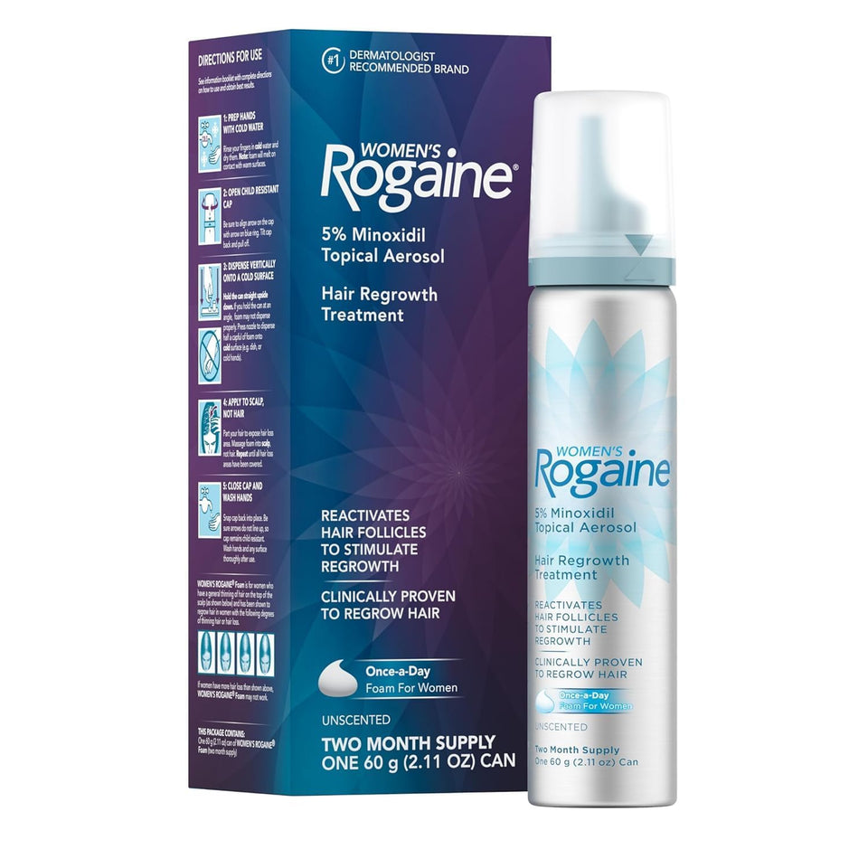 Rogaine front packaging bottle showing 5% minoxidil and unscented formula benefits