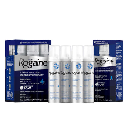 Rogaine front packaging showing four cans and product benefit