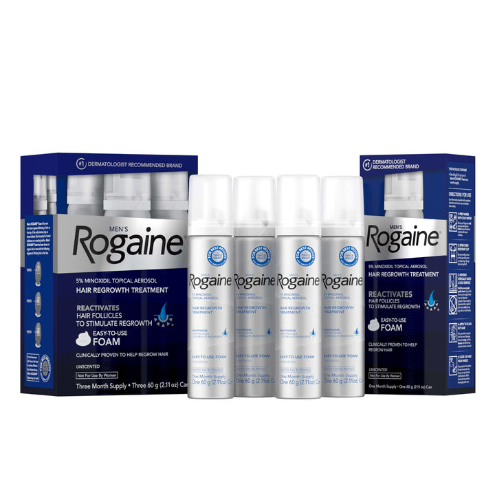 Rogaine front packaging showing four cans and product benefit