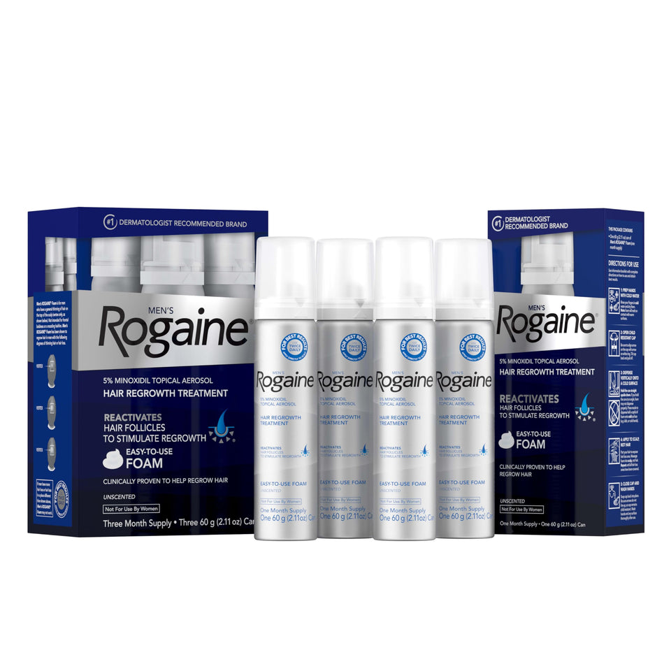 Rogaine front packaging showing four cans and product benefit