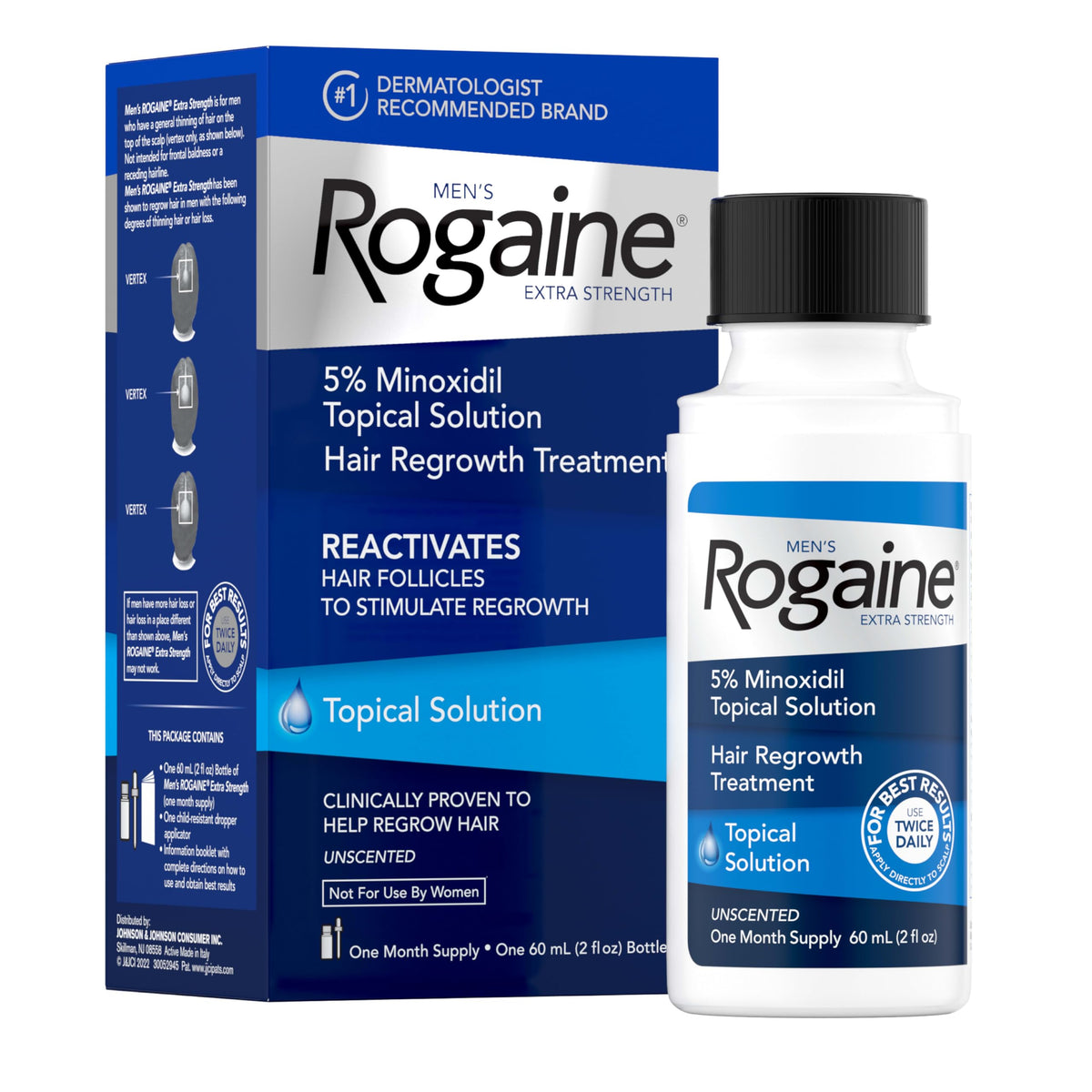 Rogaine bottle front view showing brand and strength, helps identify product