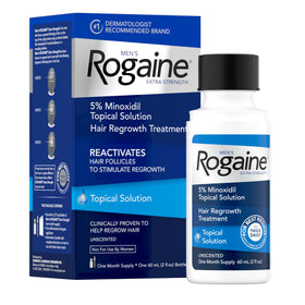 Rogaine bottle front view showing brand and strength, helps identify product