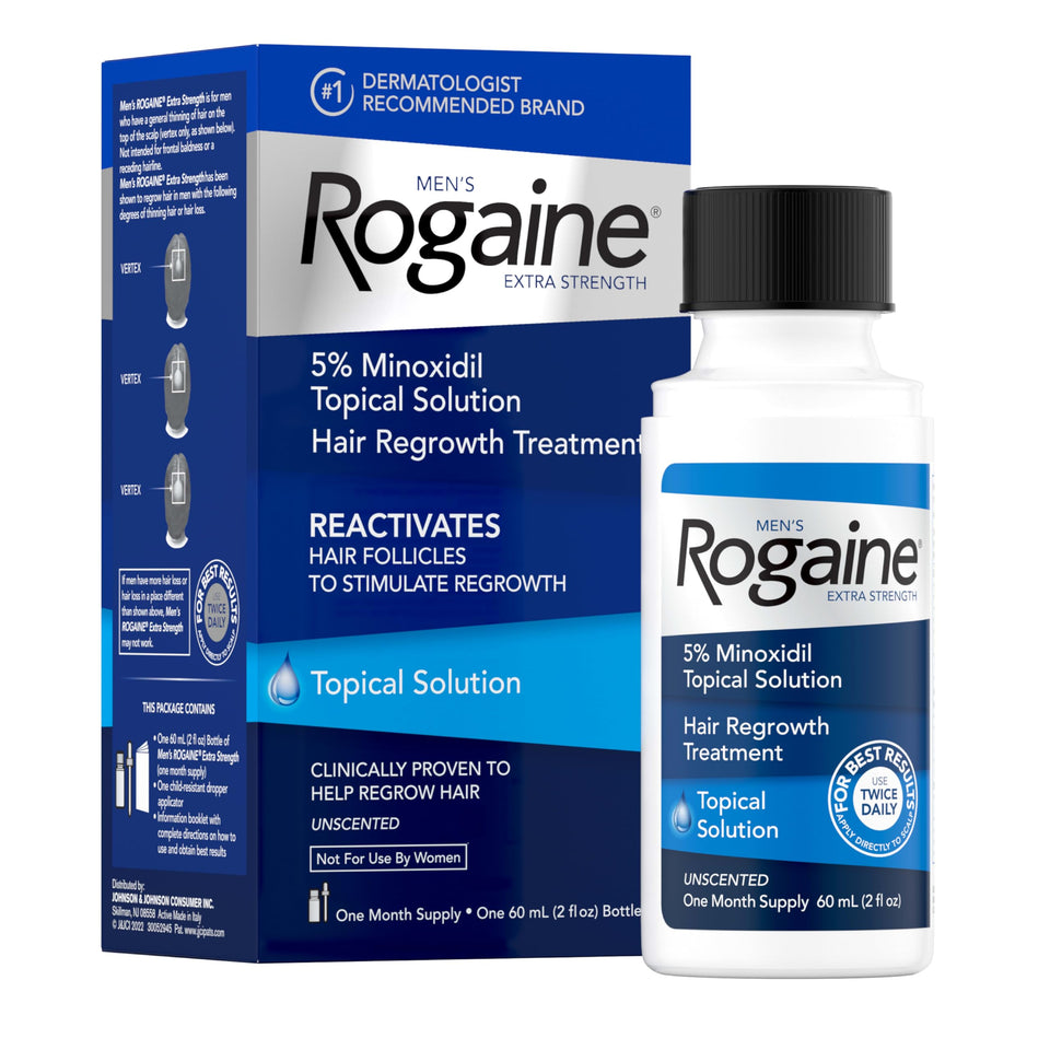 Rogaine bottle front view showing brand and strength, helps identify product
