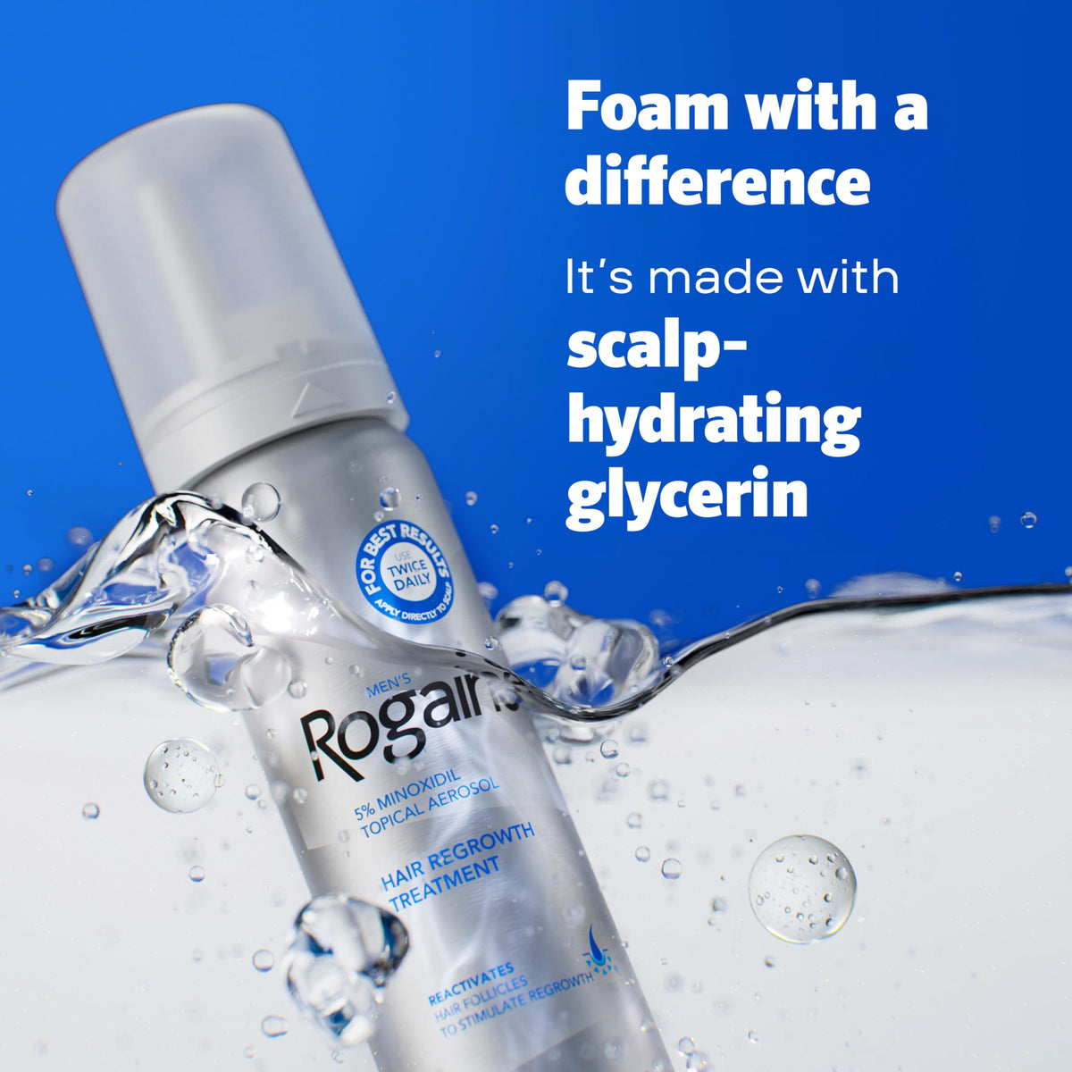 Rogaine foam close-up texture showing airy, fast-absorbing foam for easy scalp application