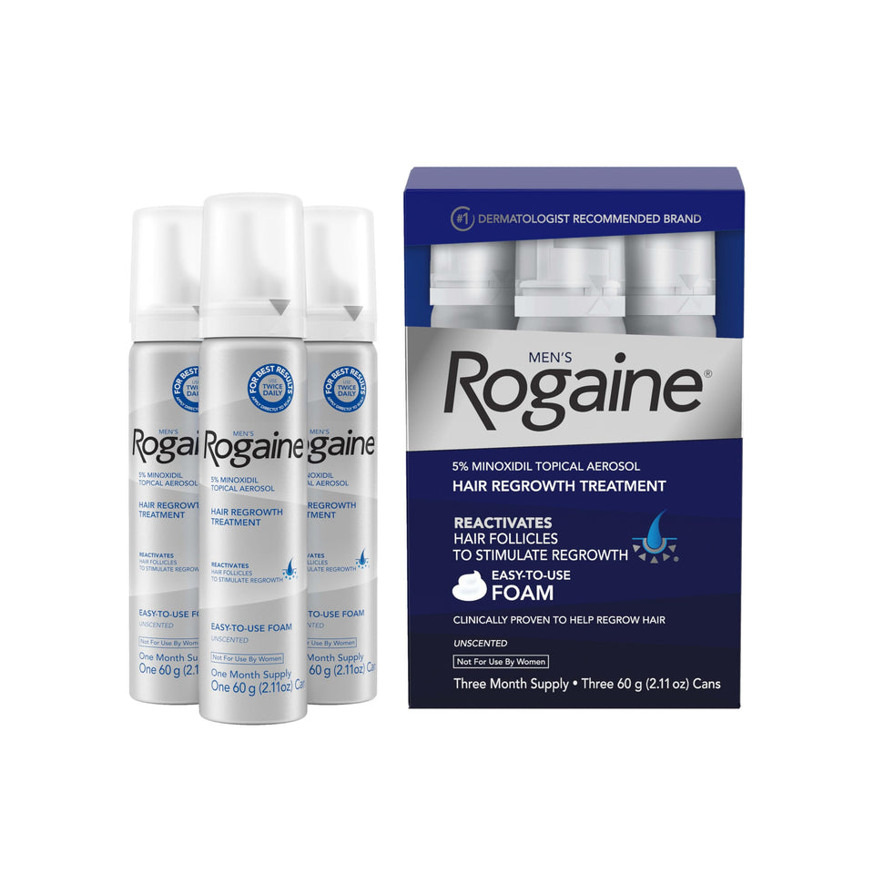Rogaine foam front packaging showing unscented 5% minoxidil for men and benefit of regrowth