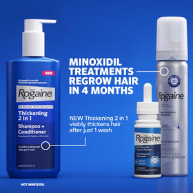 Rogaine four cans in hand showing four‑month supply convenience