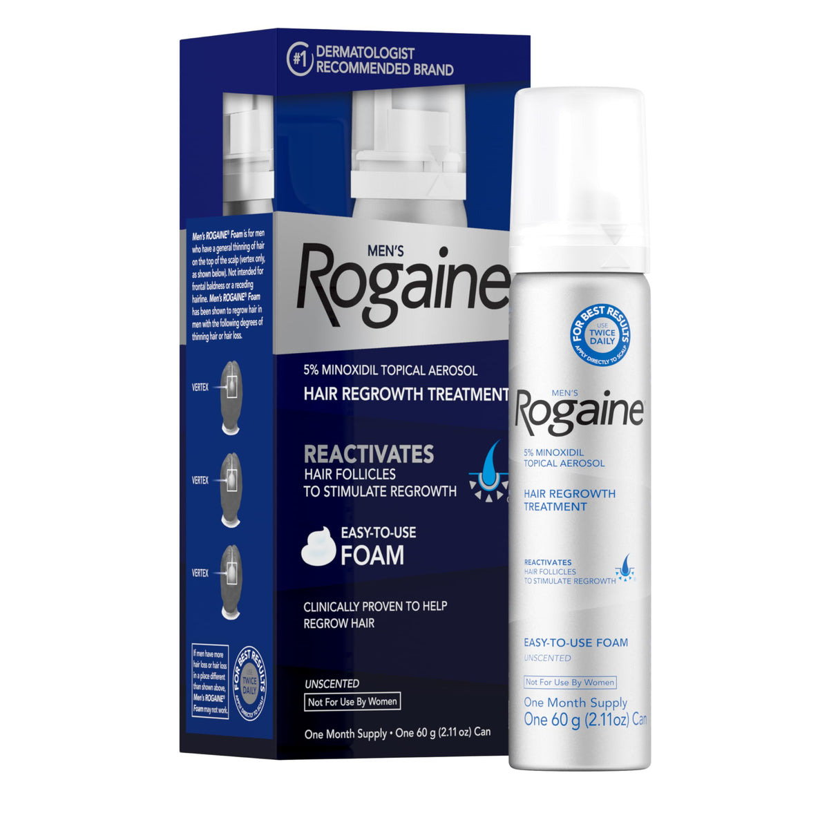Rogaine front view 2.11 oz can showing product and brand benefits