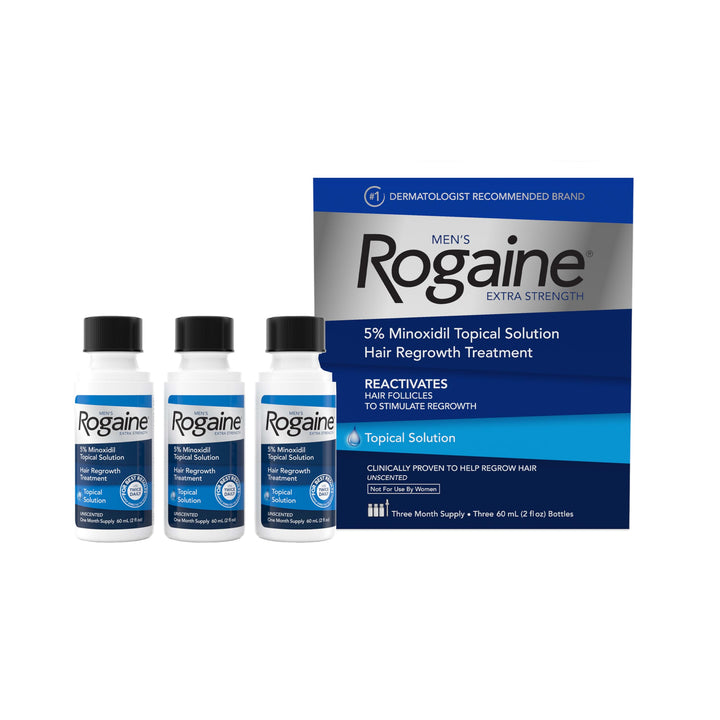Rogaine front packaging showing three bottles and clear supply benefit