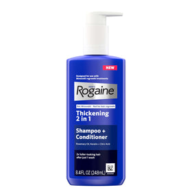 Rogaine front packaging showing brand and product benefits for thicker hair