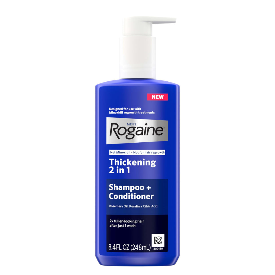 Rogaine front packaging showing brand and product benefits for thicker hair