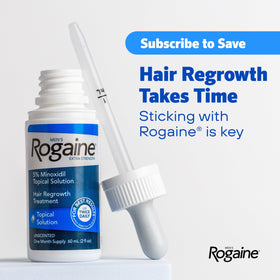Rogaine bottle on bathroom shelf in grooming setup encouraging routine use benefit