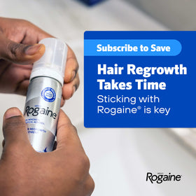 Rogaine canister on bathroom shelf alongside grooming products showing seamless routine fit