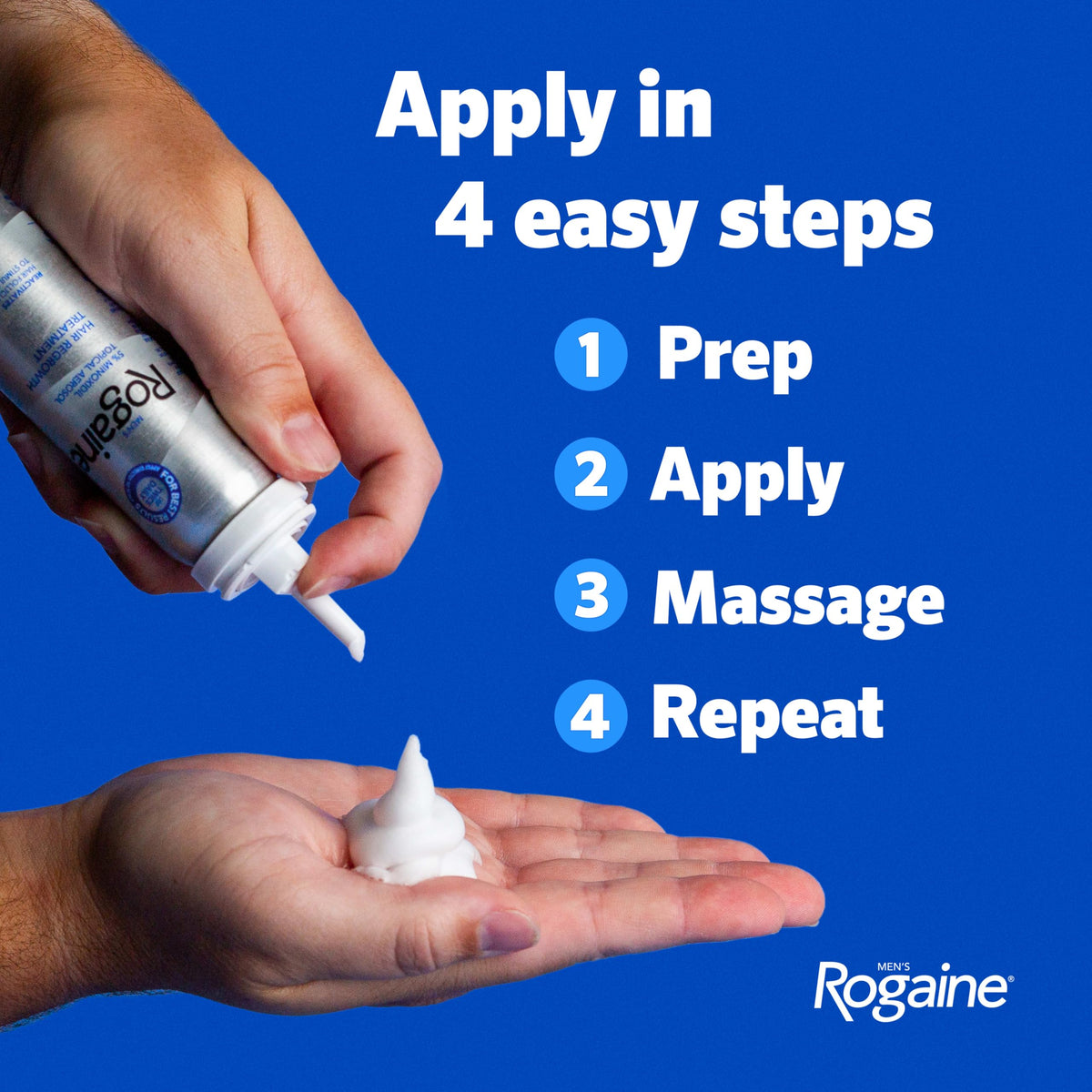 Rogaine can held in hand to show scale and portability for daily grooming benefit