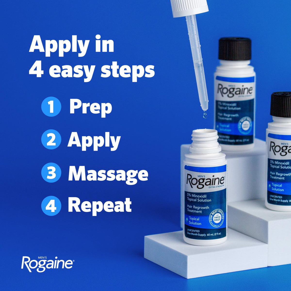 Rogaine bottle next to ruler illustrating compact 2 fl oz size benefit