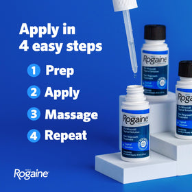 Rogaine bottle next to ruler illustrating compact 2 fl oz size benefit