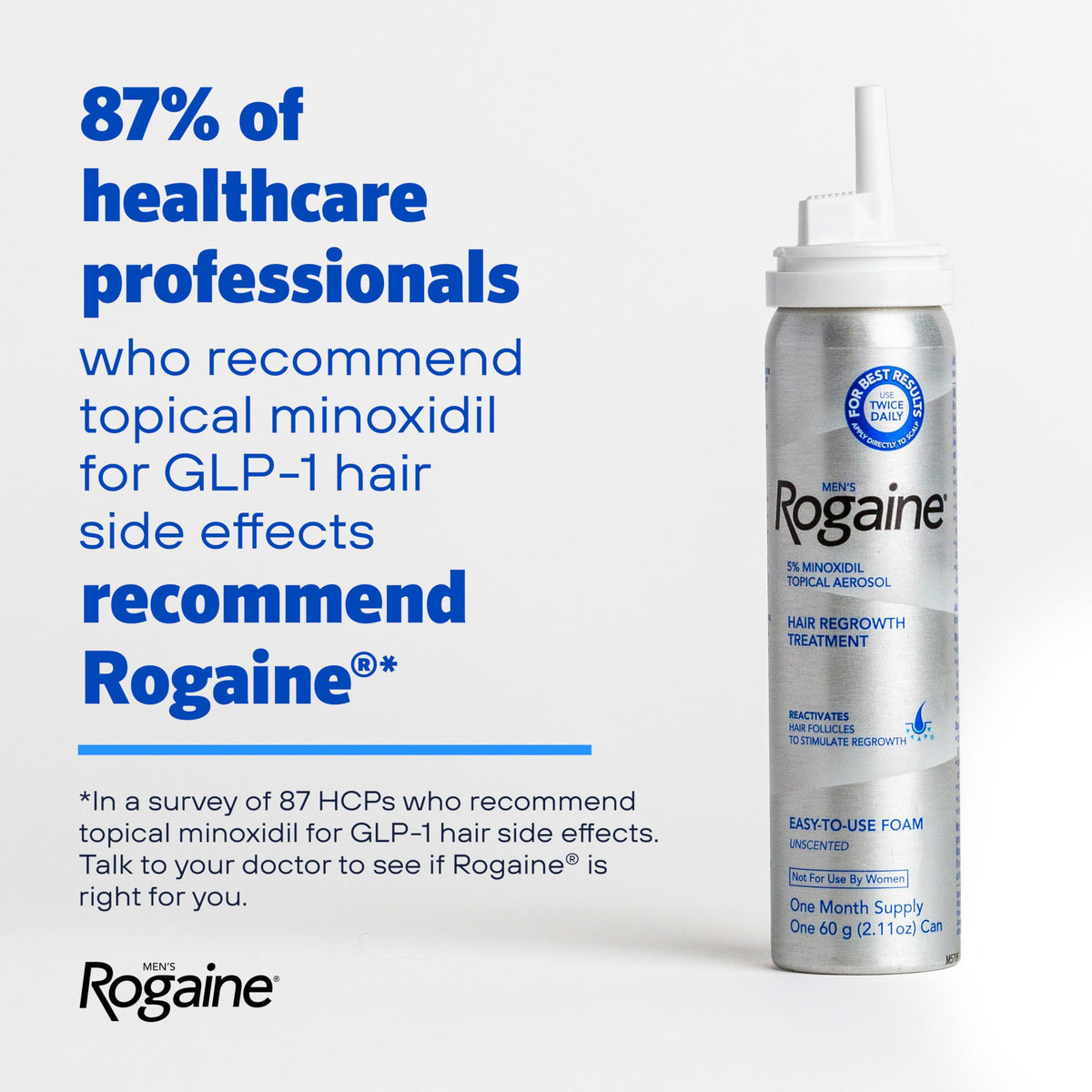 Three Rogaine aerosol canisters displayed to highlight the three-month supply and convenience