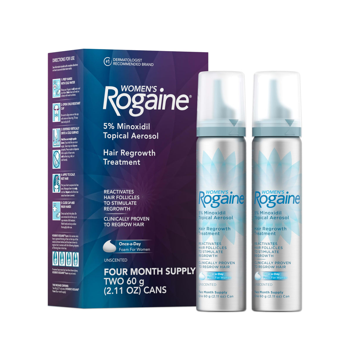 Rogaine women's 5% foam front pack image showing product and benefits