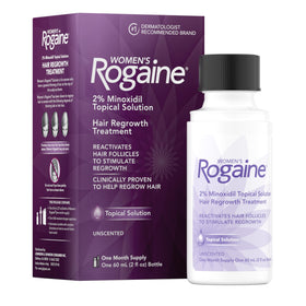Rogaine front packaging showing bottle and box, brand reassurance and easy use