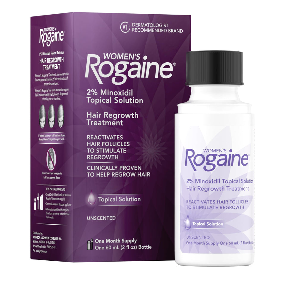 Rogaine front packaging showing bottle and box, brand reassurance and easy use