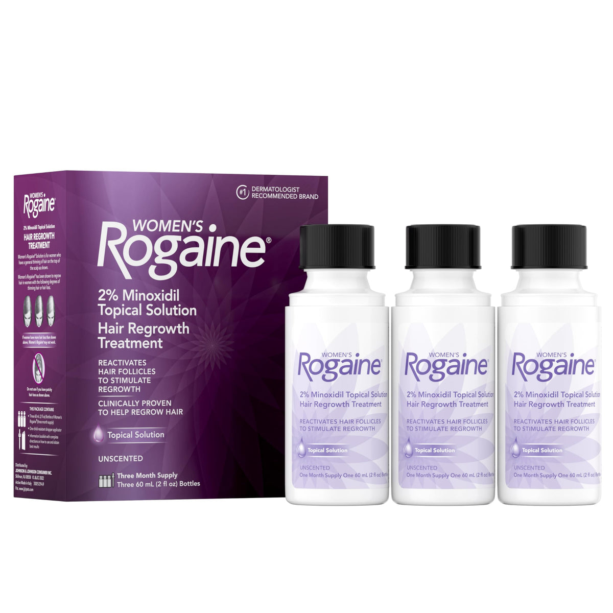 Rogaine front packaging showing three 2 fl oz bottles for consistent treatment