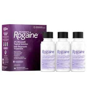 Rogaine front packaging showing three 2 fl oz bottles for consistent treatment