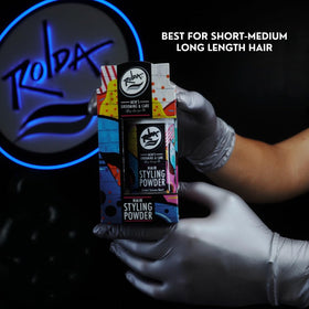 Rolda powder being applied at hair roots creating immediate lift and fuller appearance