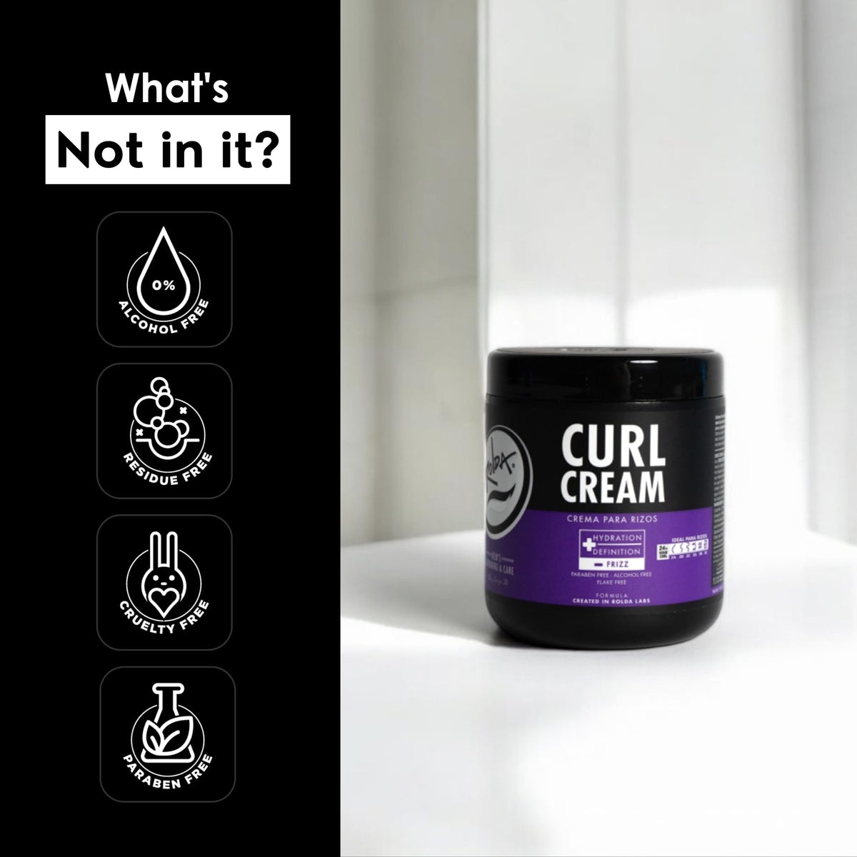 Rolda curl cream on bathroom shelf in lifestyle scene, barber-approved grooming