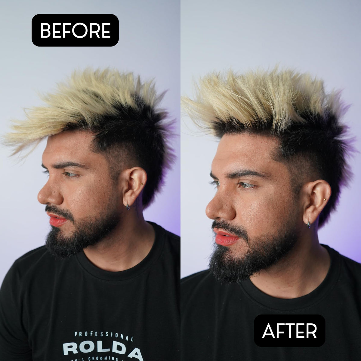 Model with slick-back hairstyle using Rolda showing control and polished shine benefit
