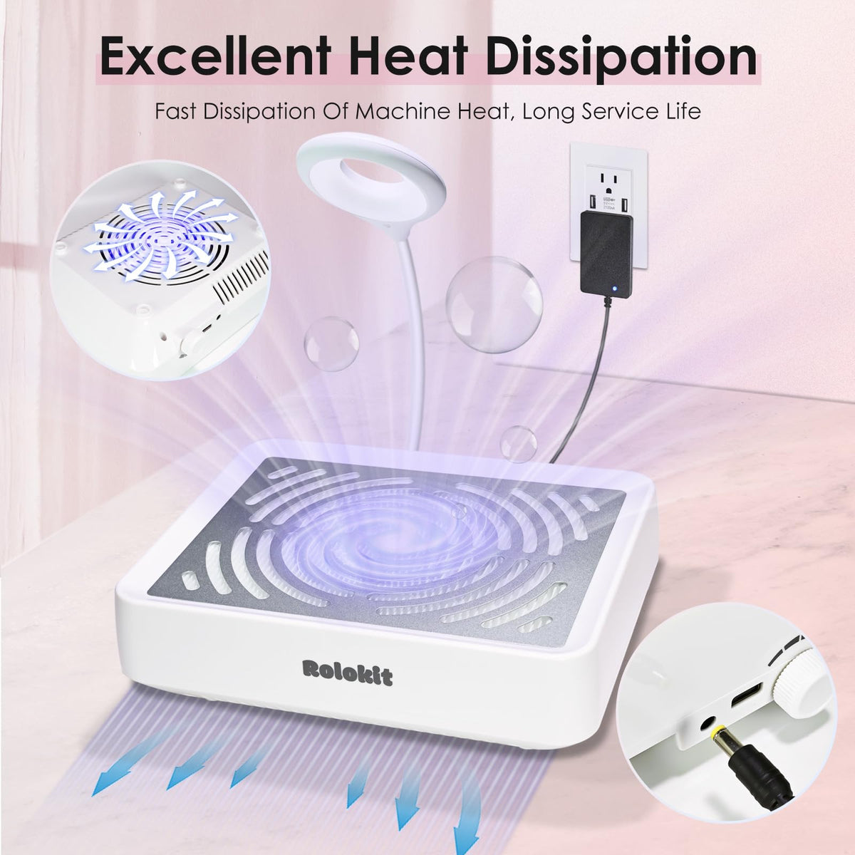 Rolokit dust collector in use at a salon station capturing nail dust
