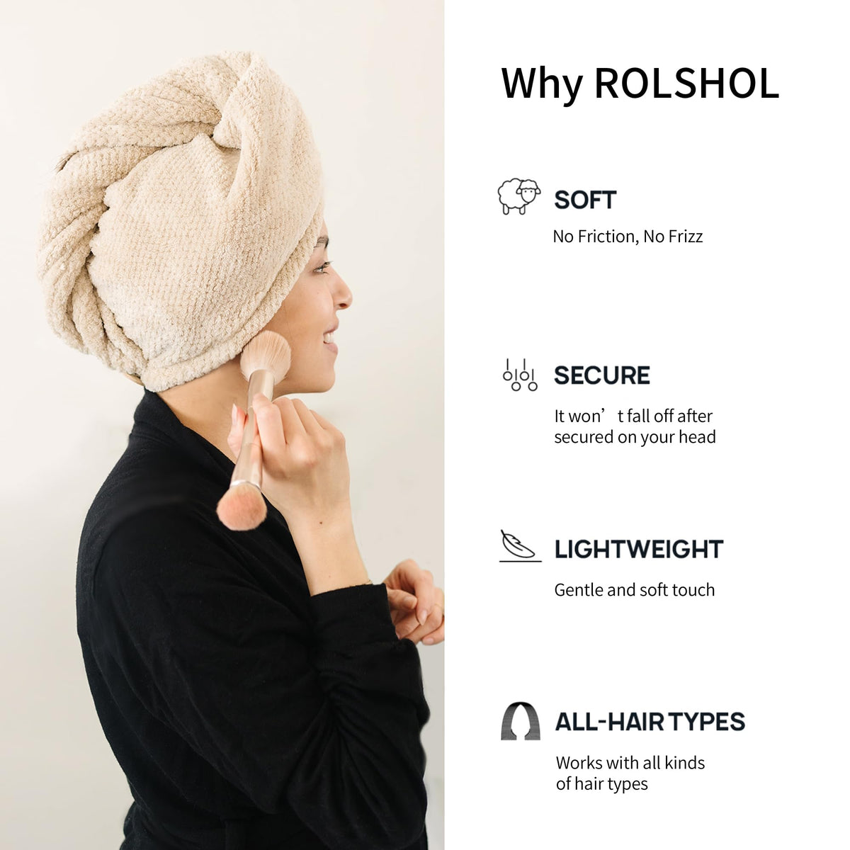 ROLSHOL wooden button and elastic loop detail securing towel in place for hands-free wear