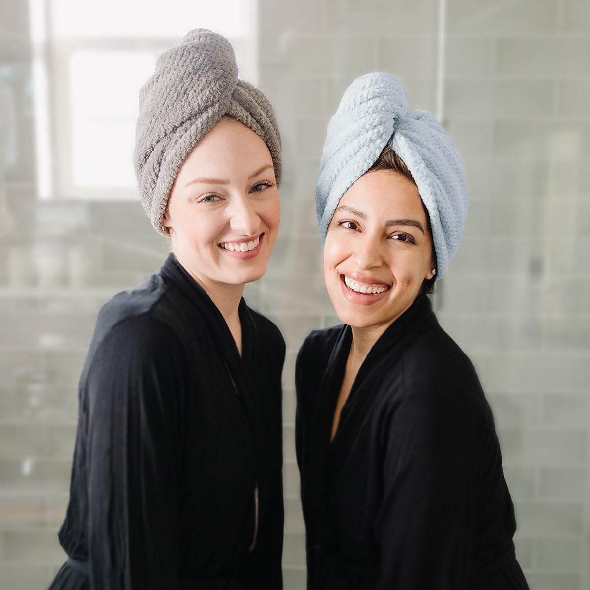 ROLSHOL turban on curly hair demonstrating anti-frizz protection