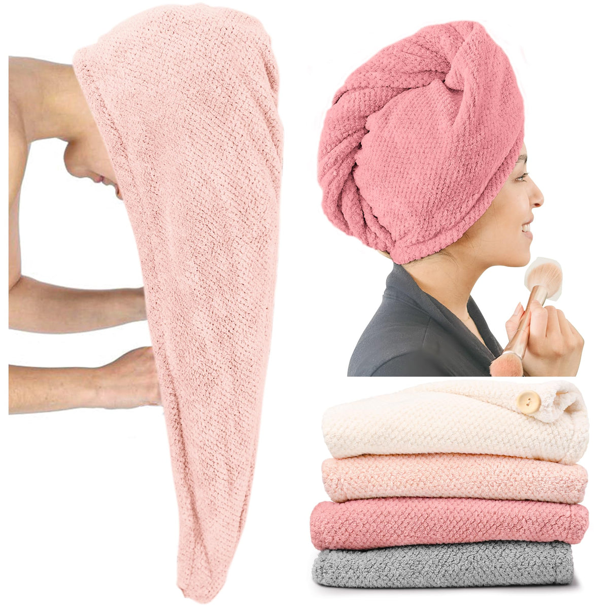 ROLSHOL front view of coral pink extra-large towel wrap showing size and color benefit
