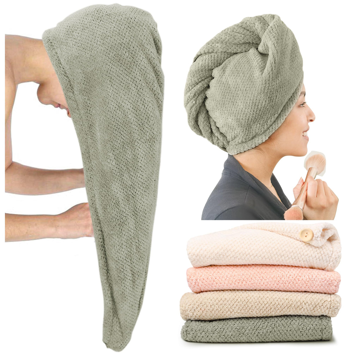 ROLSHOL front view of green pinstripe turban showing full folded towel benefit quick drying