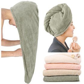 ROLSHOL front view of green pinstripe turban showing full folded towel benefit quick drying
