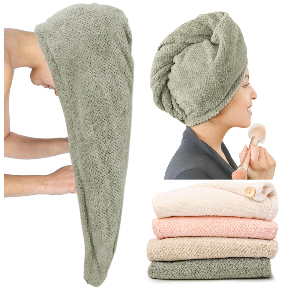 ROLSHOL front view of green pinstripe turban showing full folded towel benefit quick drying